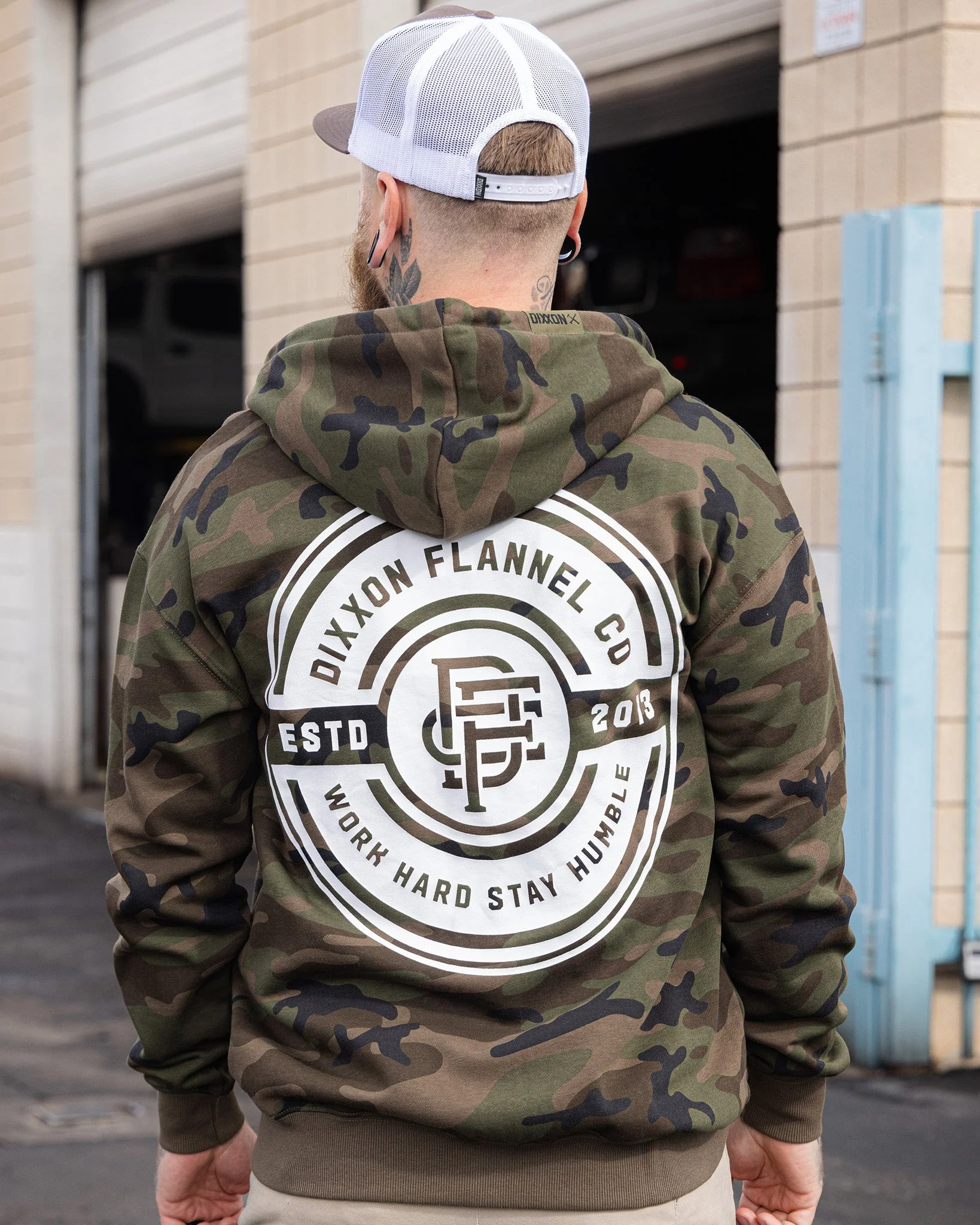Work Hard Badge Zip Hood - White & Camo - Image 3