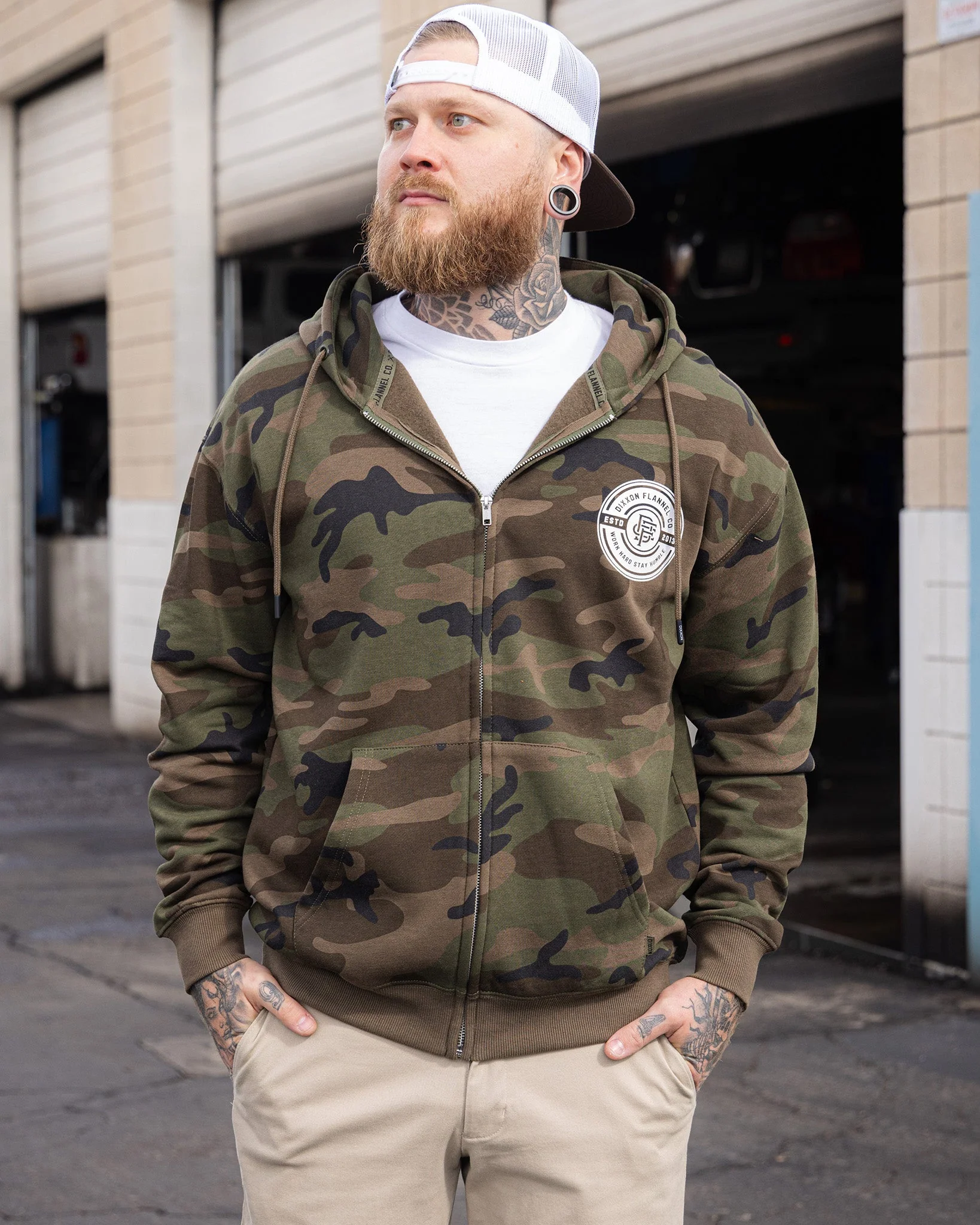 Work Hard Badge Zip Hood - White & Camo - Image 4