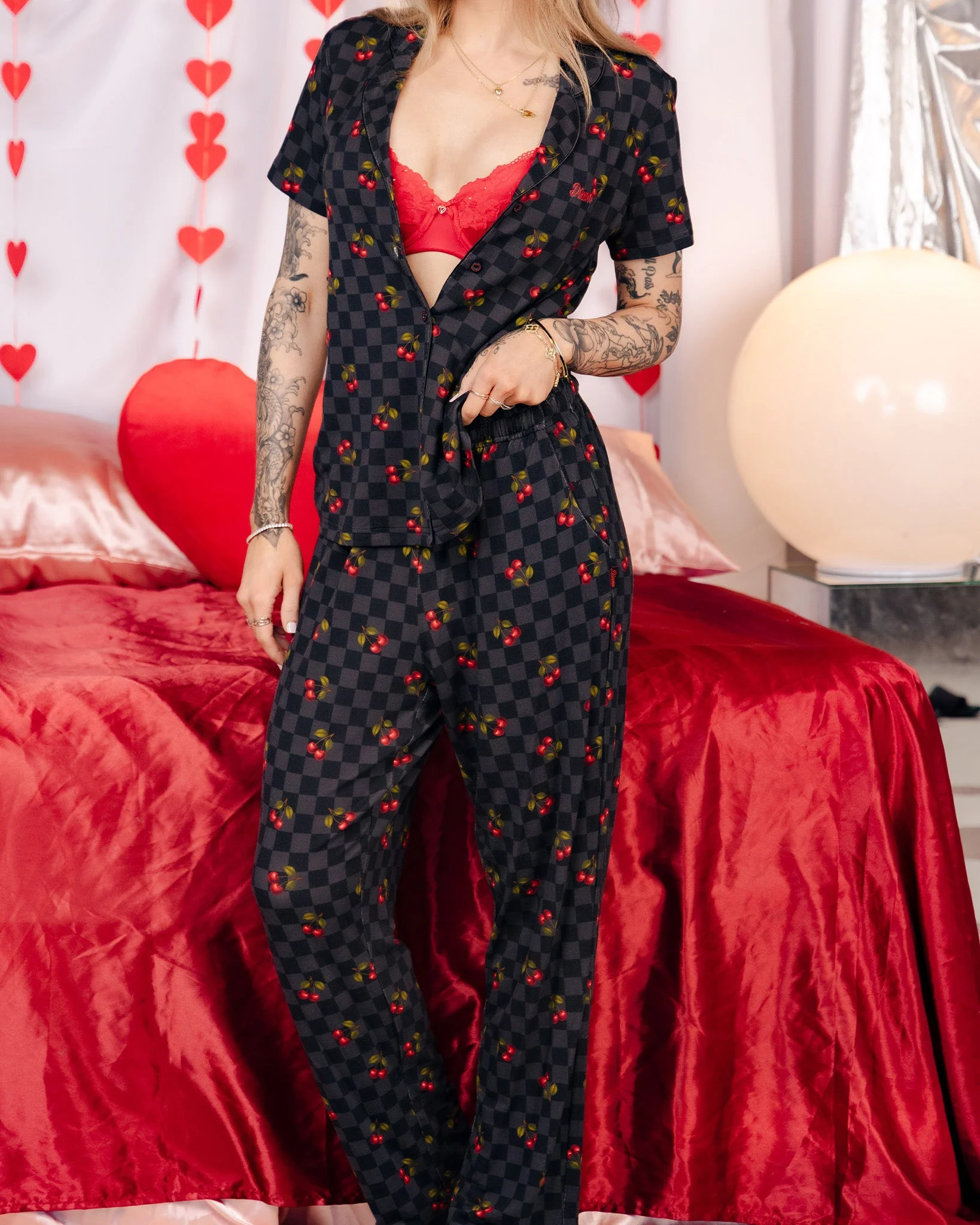 Women's Black Checkered and Cherry Pyjama Top - Image 3