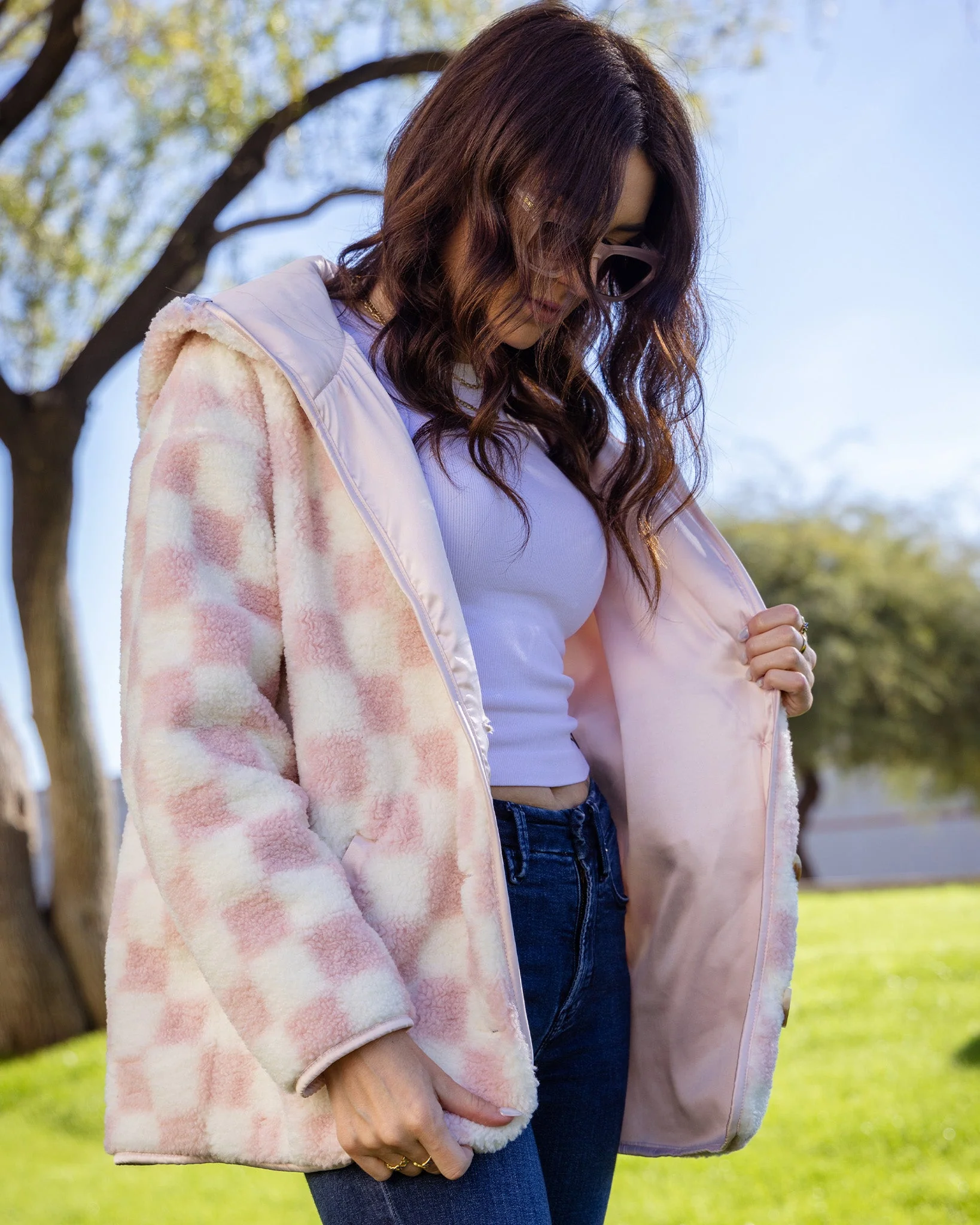 Women's Checkered Sherpa Cardigan - Pink & Cream - Image 6