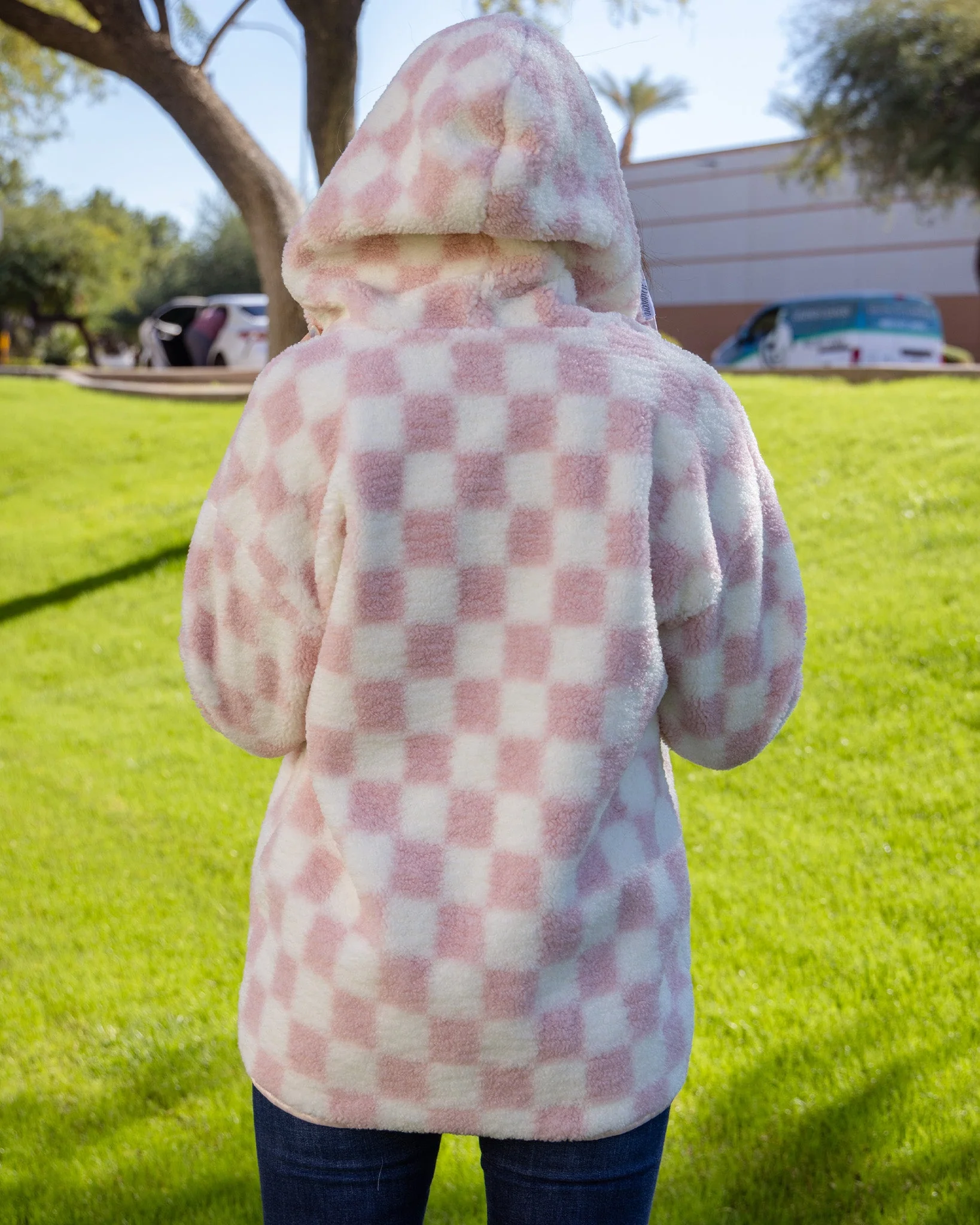 Women's Checkered Sherpa Cardigan - Pink & Cream - Image 9