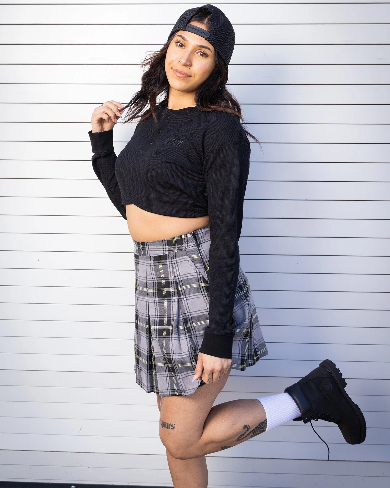 Women's Waffle Knit Long Sleeve Crop Tee - Black - Image 5