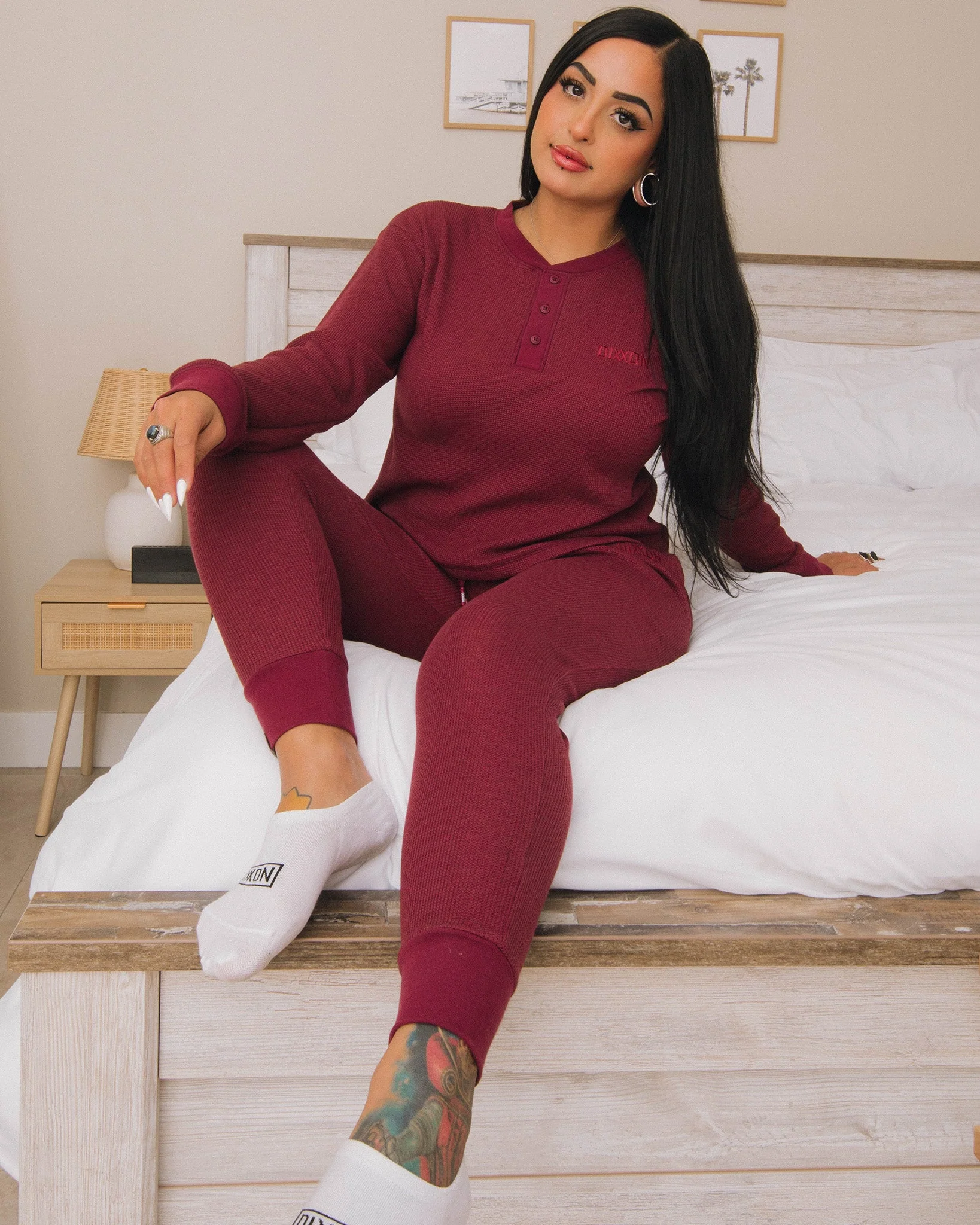 Women's Waffle Knit Long Sleeve Crop Tee - Maroon - Image 2