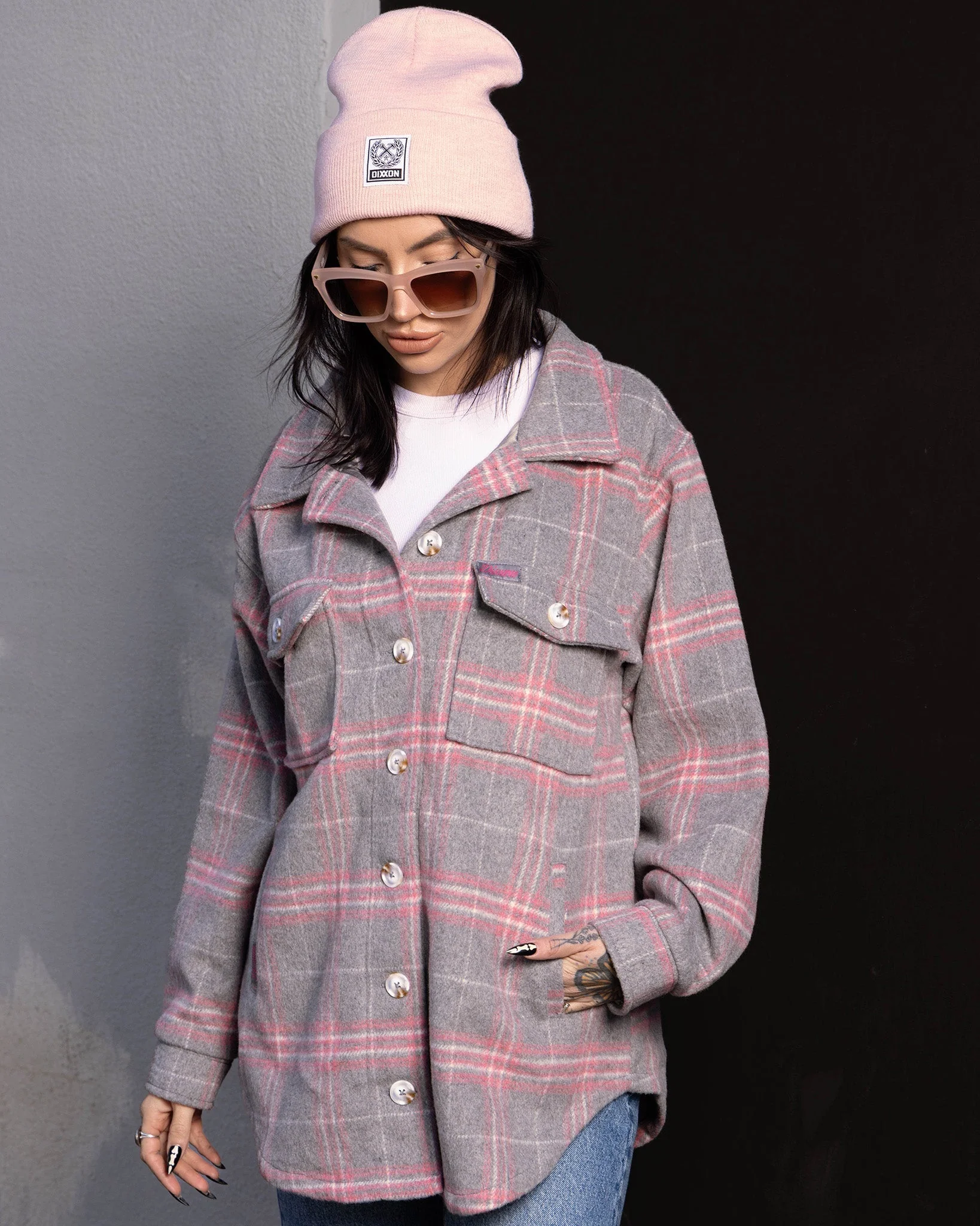 Women's Long Shacket - Grey & Pink - Image 8