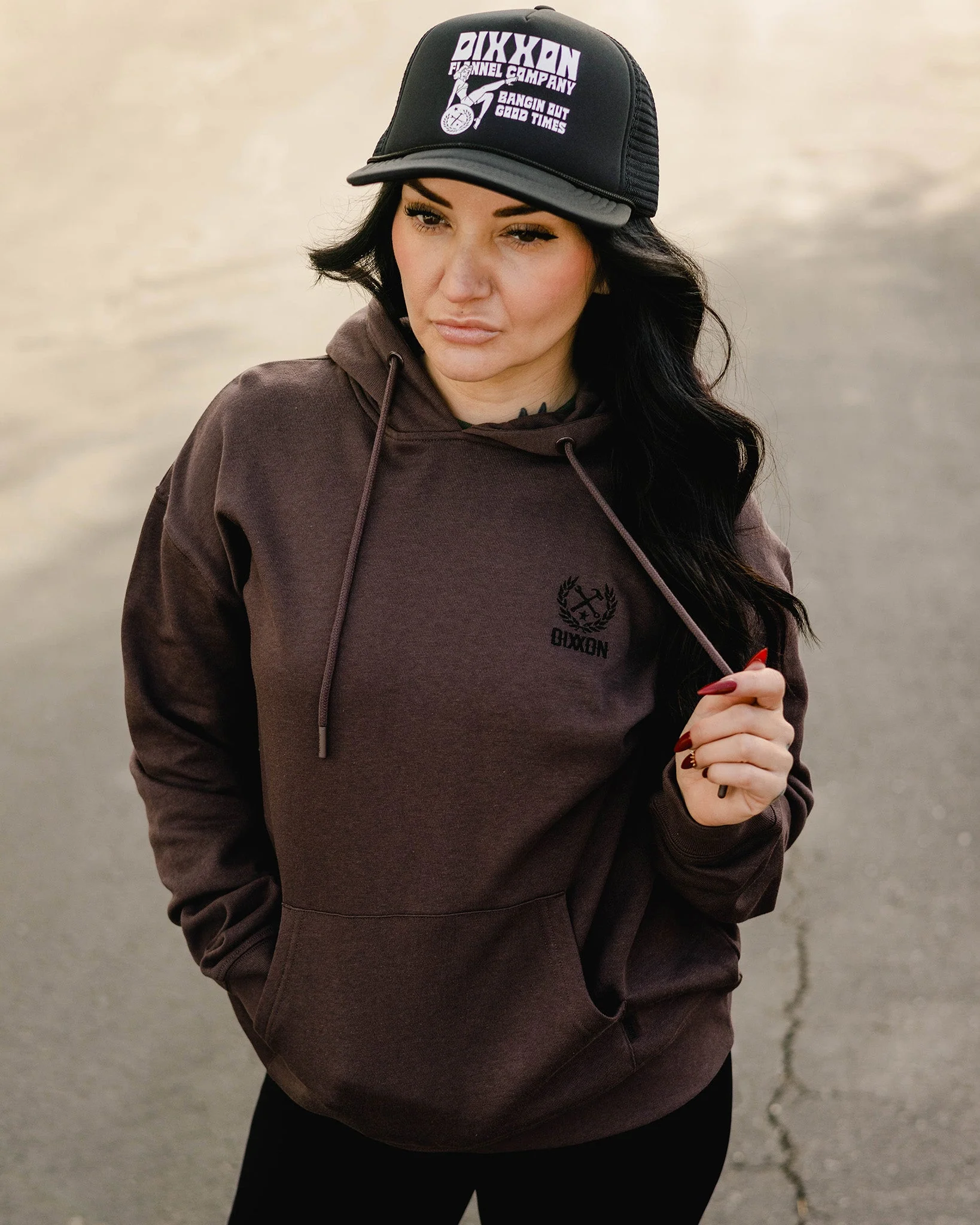 Women's Minimal Branding Hood - Black Crest on Brown - Image 5