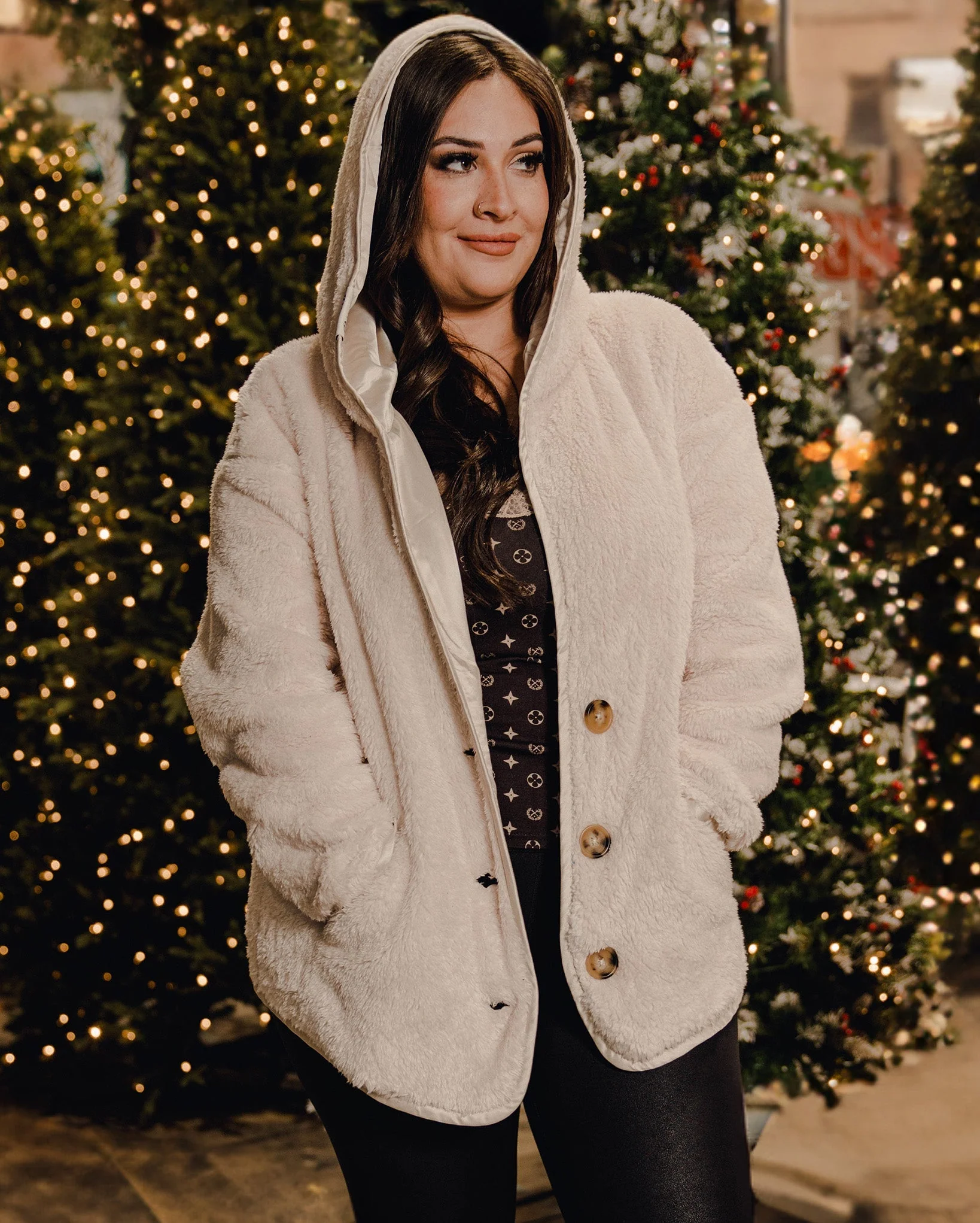 Women's Hooded Sherpa Cardigan - Latte - Image 3