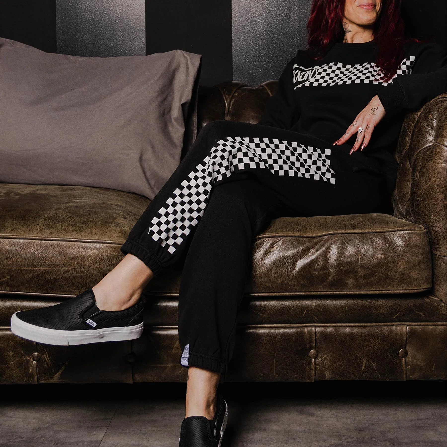 Women's White Checkers Sweatpants - Black